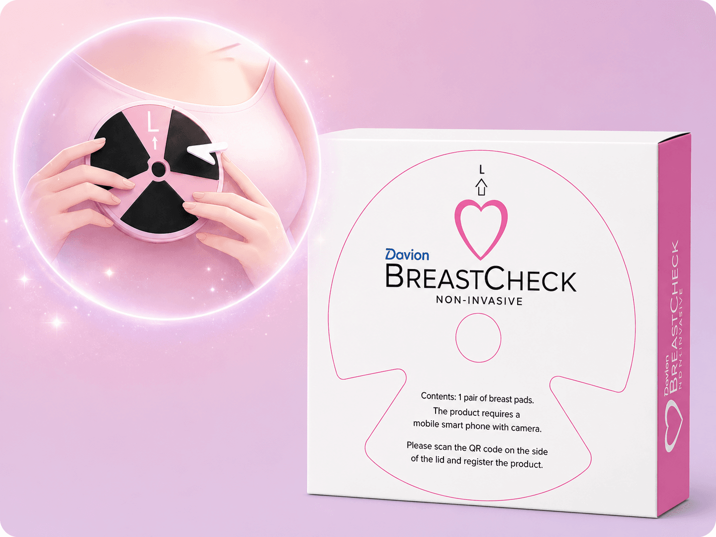 A woman placing a BreastCheck pad, beside the kit box it ships in