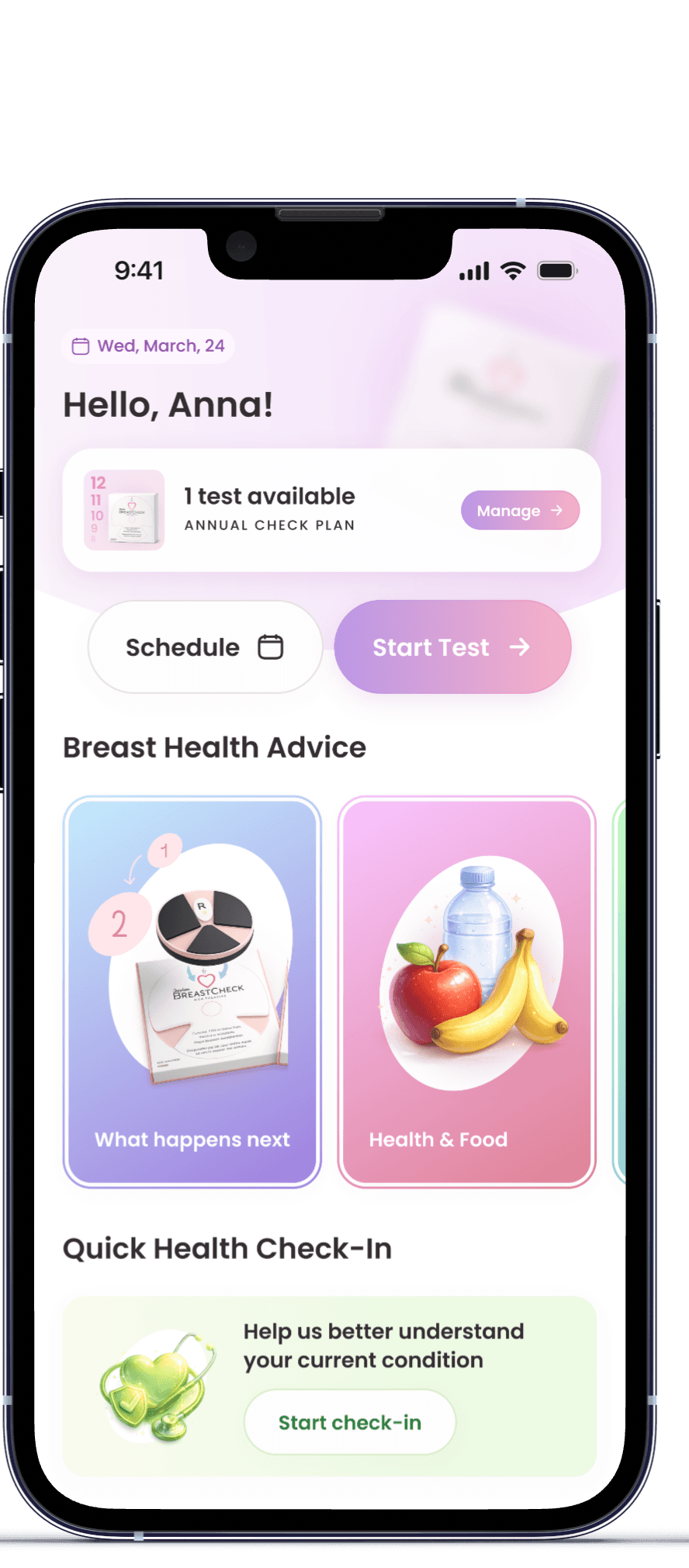 The Davion app home screen showing an available test and breast health advice
