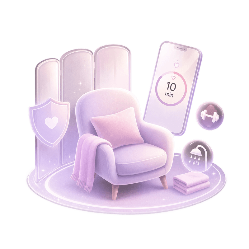 An illustrated armchair with the app counting down ten minutes beside it
